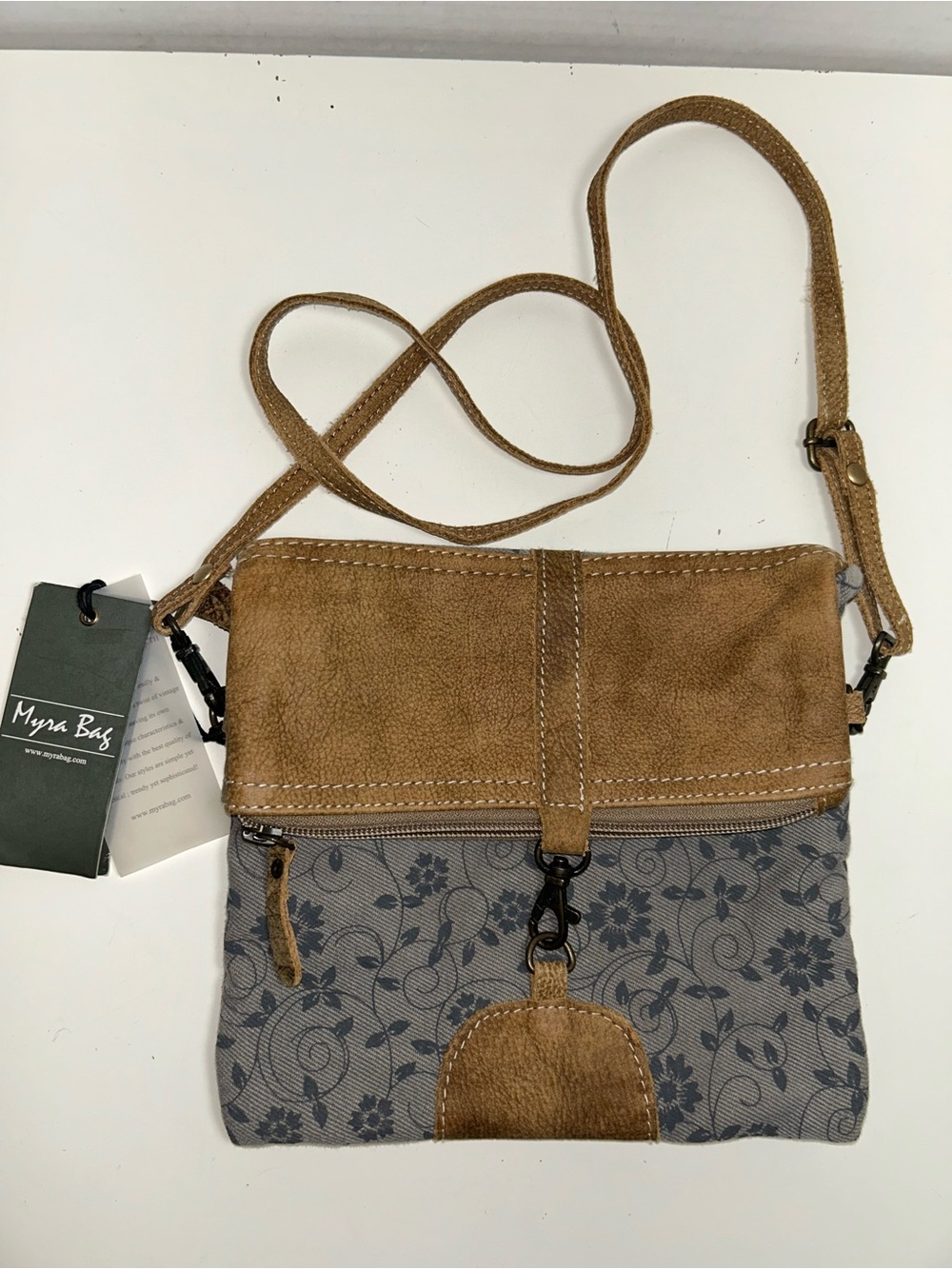 Myra Bag Teal Floral Canvas Brown Leather Fold Over Crossbody Shoulder Bag